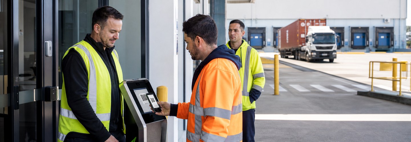 Workers in hi-vis checking in at the entrance of a New Zealand Transitional Facility with container trucks and loading docks behind