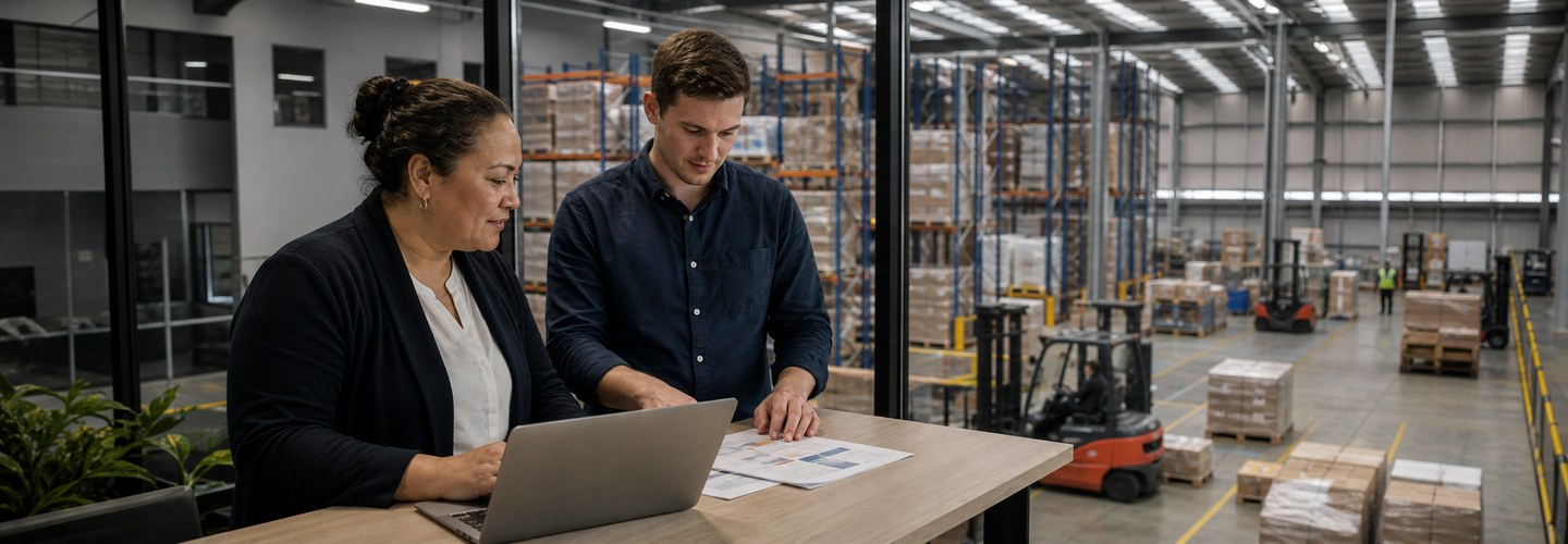 A supervisor and a warehouse worker reviewing paperwork on a laptop in a New Zealand distribution centre with racking and a forklift behind them