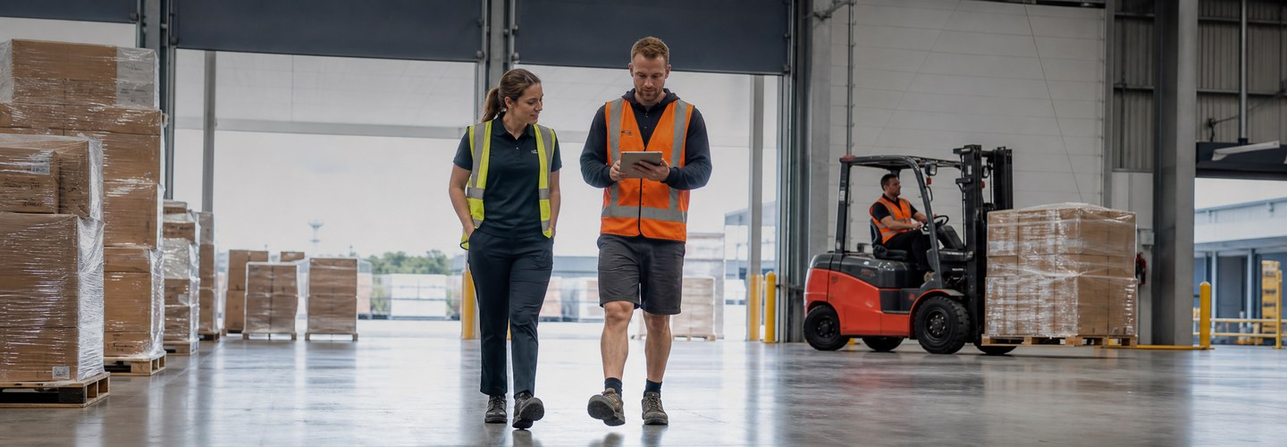 A worker in hi-vis checking inside a shipping container at a New Zealand transitional facility