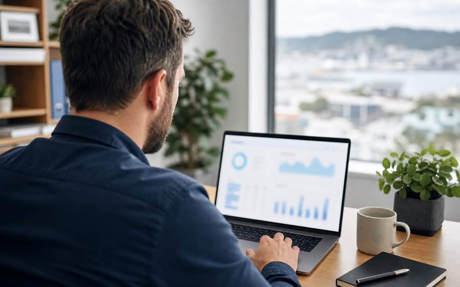 A manager reviewing a training dashboard of charts and completion figures on a laptop