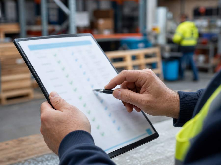 A supervisor checking off training records on a clipboard in a warehouse yard