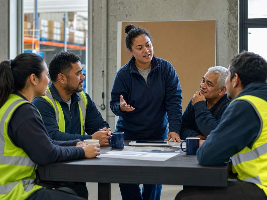 A trainer leading a toolbox session with a team of warehouse workers seated around a table