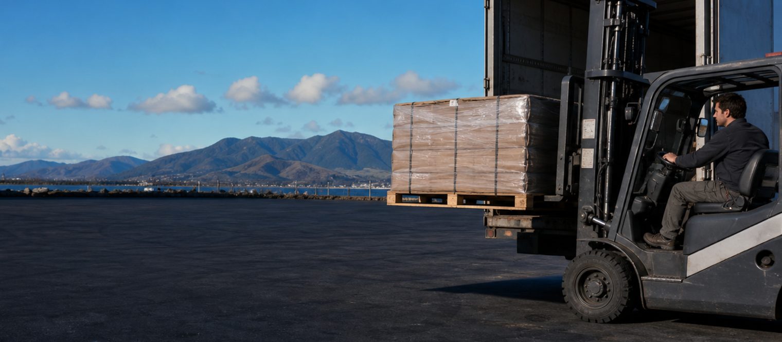 A container handler unloading a shipping container at a New Zealand freight yard, a key point where unwanted pests can be found
