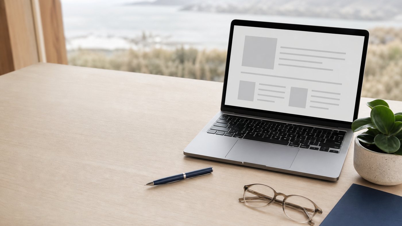 A laptop on a desk showing a clean CV layout, with a coastal view through the window
