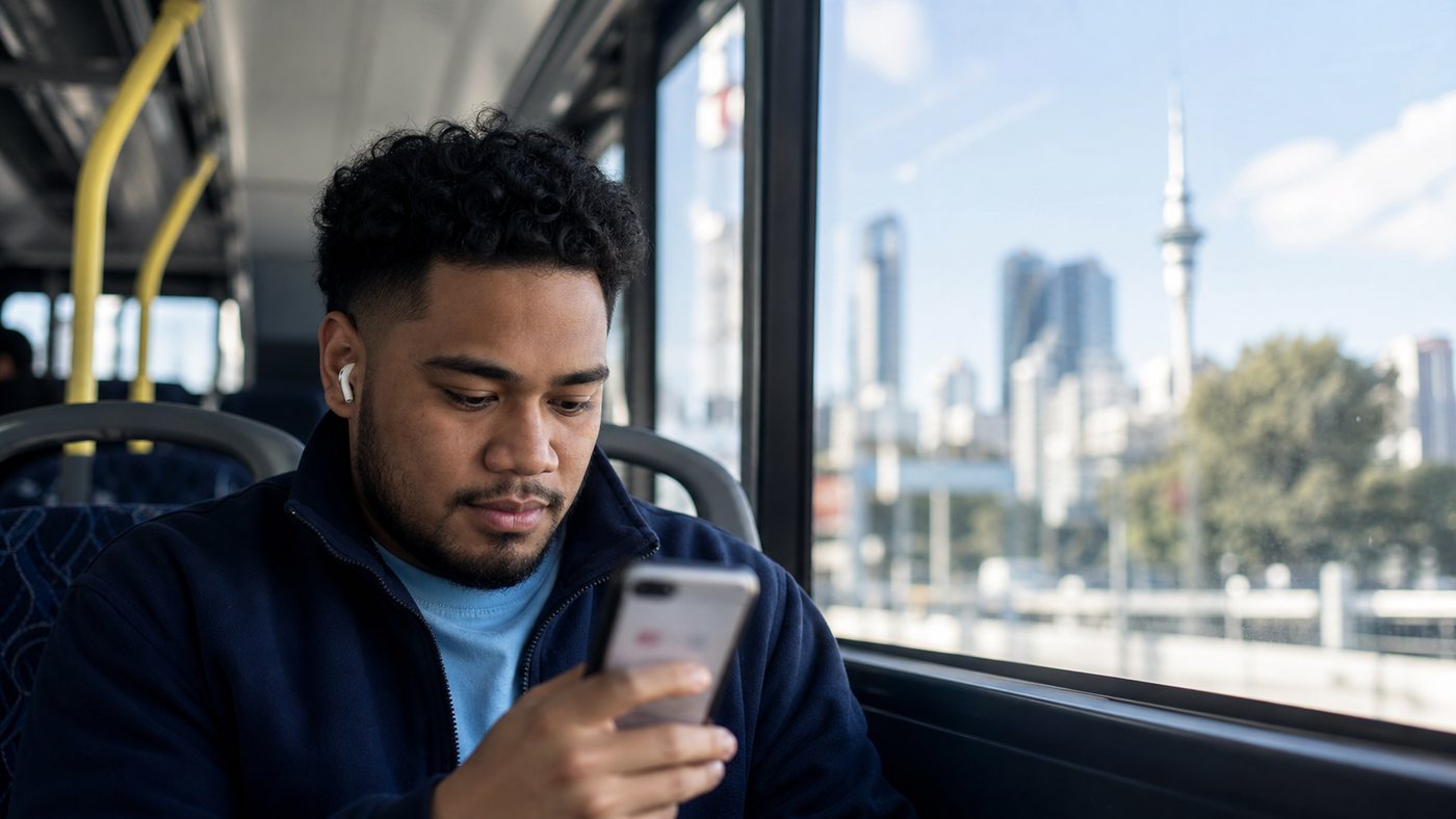 A commuter reading job adverts on a phone on an Auckland bus