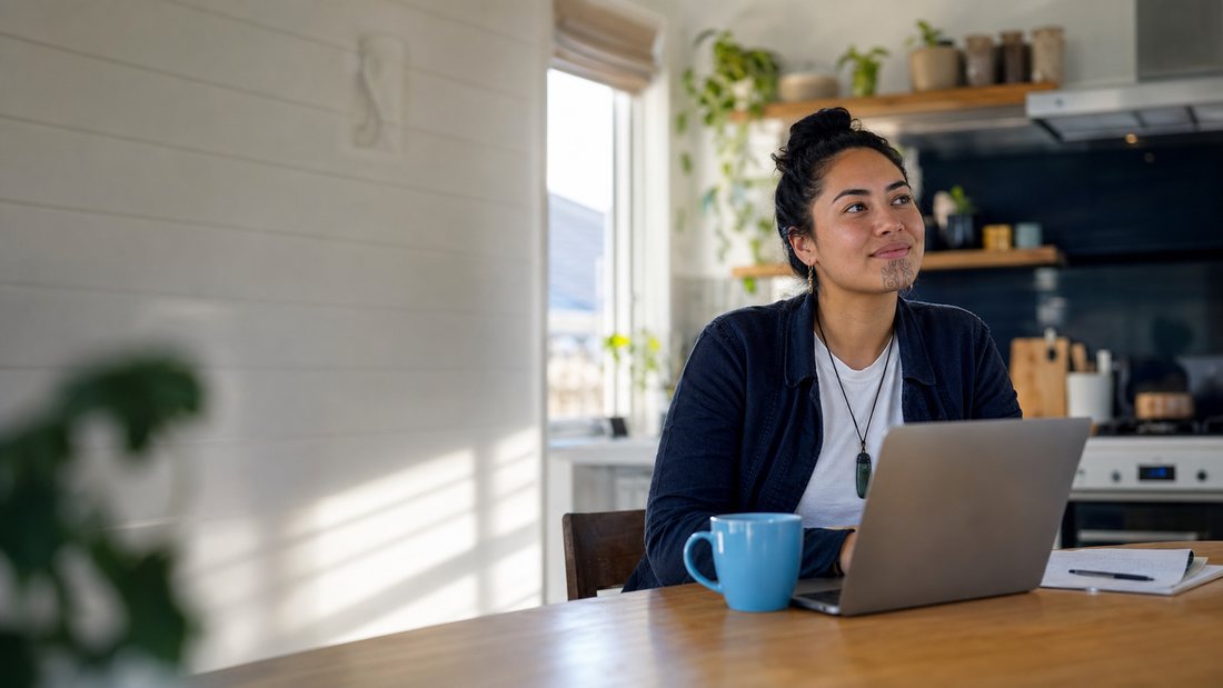 A woman working on a laptop at a kitchen table in a New Zealand home