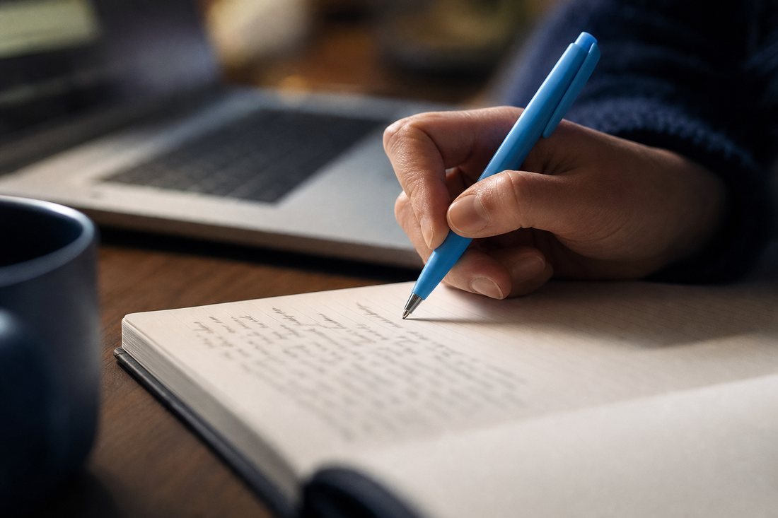 Rough notes being written by hand in a notebook beside a laptop