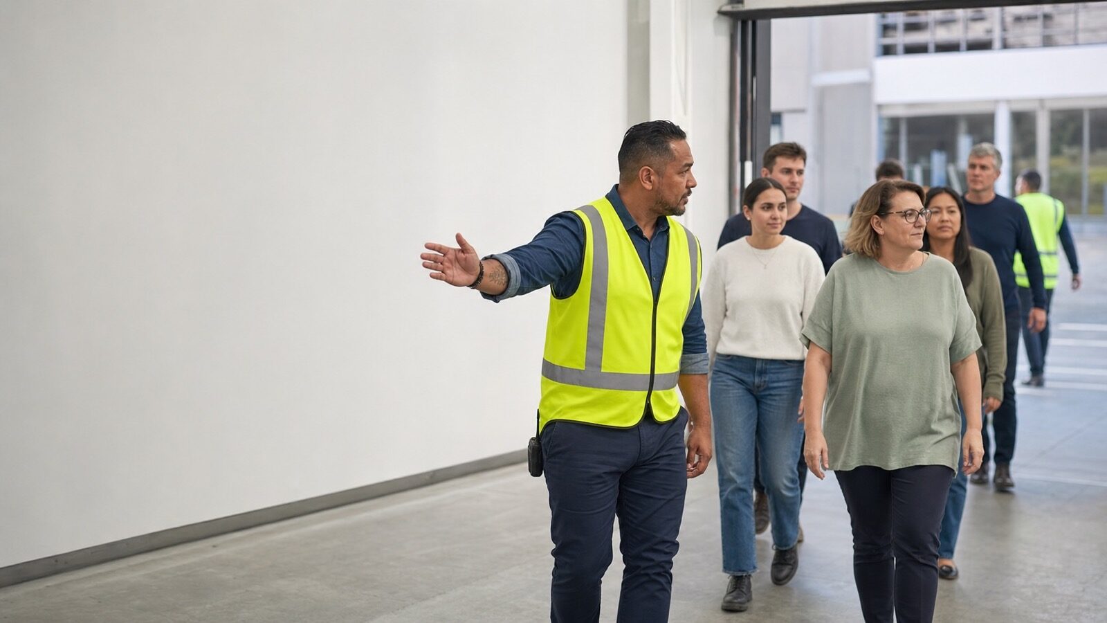 A workplace fire warden in a hi-vis vest guiding colleagues toward an exit during an orderly evacuation drill