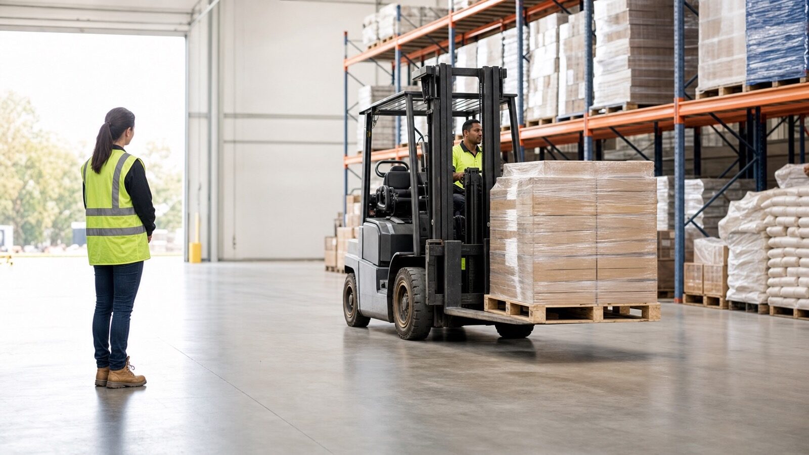A worker in hi-vis standing well back from a forklift moving a loaded pallet in a bright New Zealand warehouse