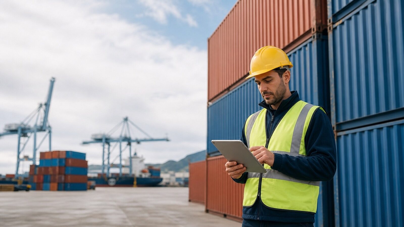 A freight worker in hi-vis reviewing a tablet beside stacked shipping containers at a New Zealand port