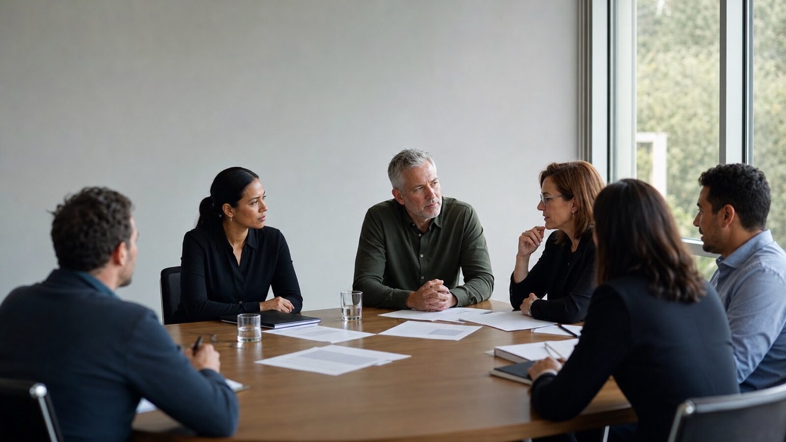 A New Zealand board around a boardroom table in considered discussion with printed papers in front of them