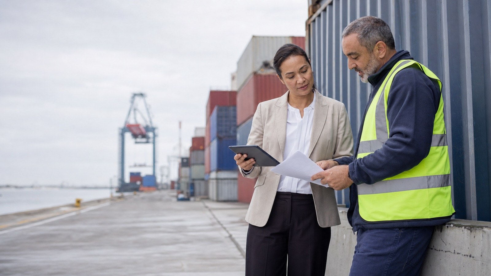 An importer and a yard worker checking trade documents together beside shipping containers at a New Zealand port