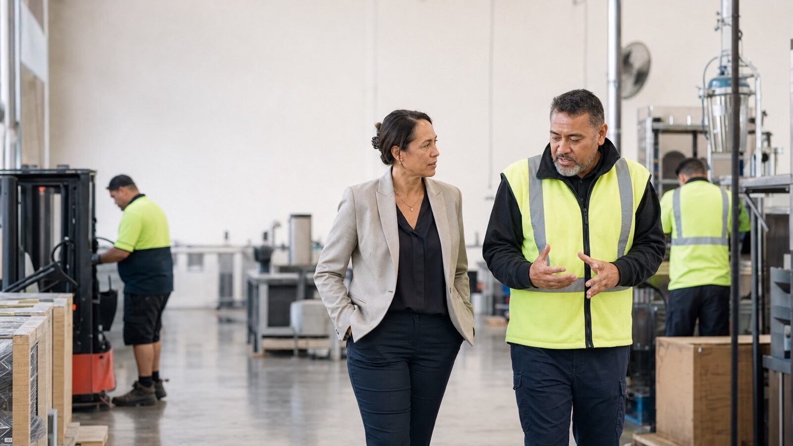 A senior leader walking the floor of a New Zealand operation with a site manager