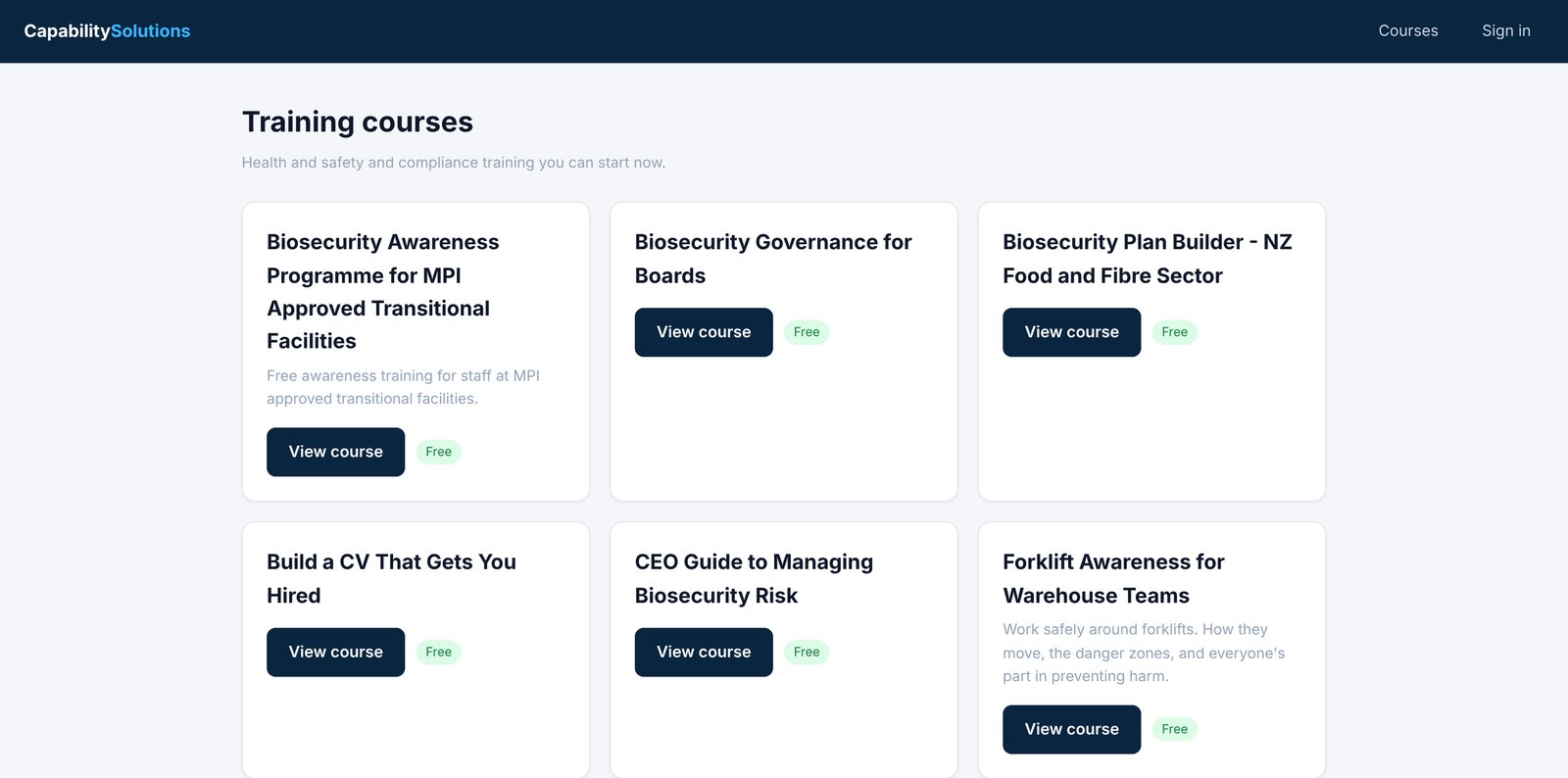 The Capability Solutions LMS course catalogue showing course cards with View course buttons