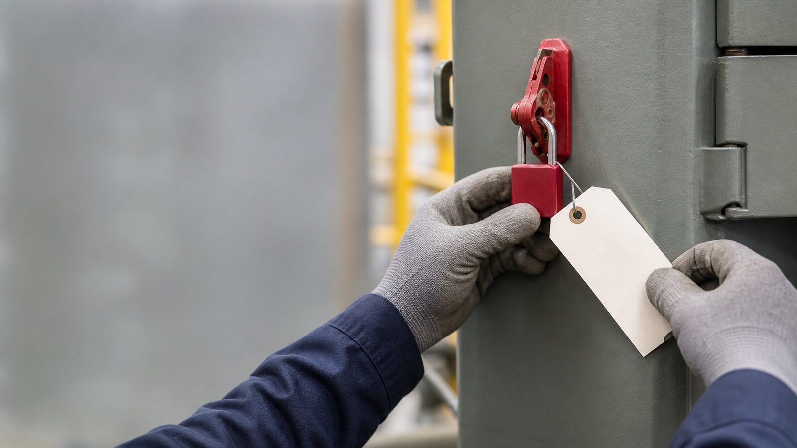 Close view of a workers gloved hands applying a safety lockout padlock and tag to a machine isolation point