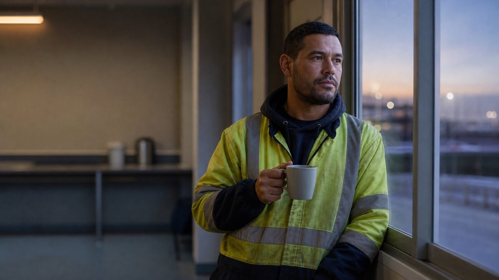 A shift worker holding a coffee by a window at a quiet New Zealand workplace in low early light