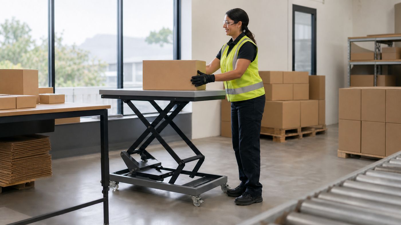 Worker moving a box from a height-adjustable scissor lift table at waist height in a warehouse
