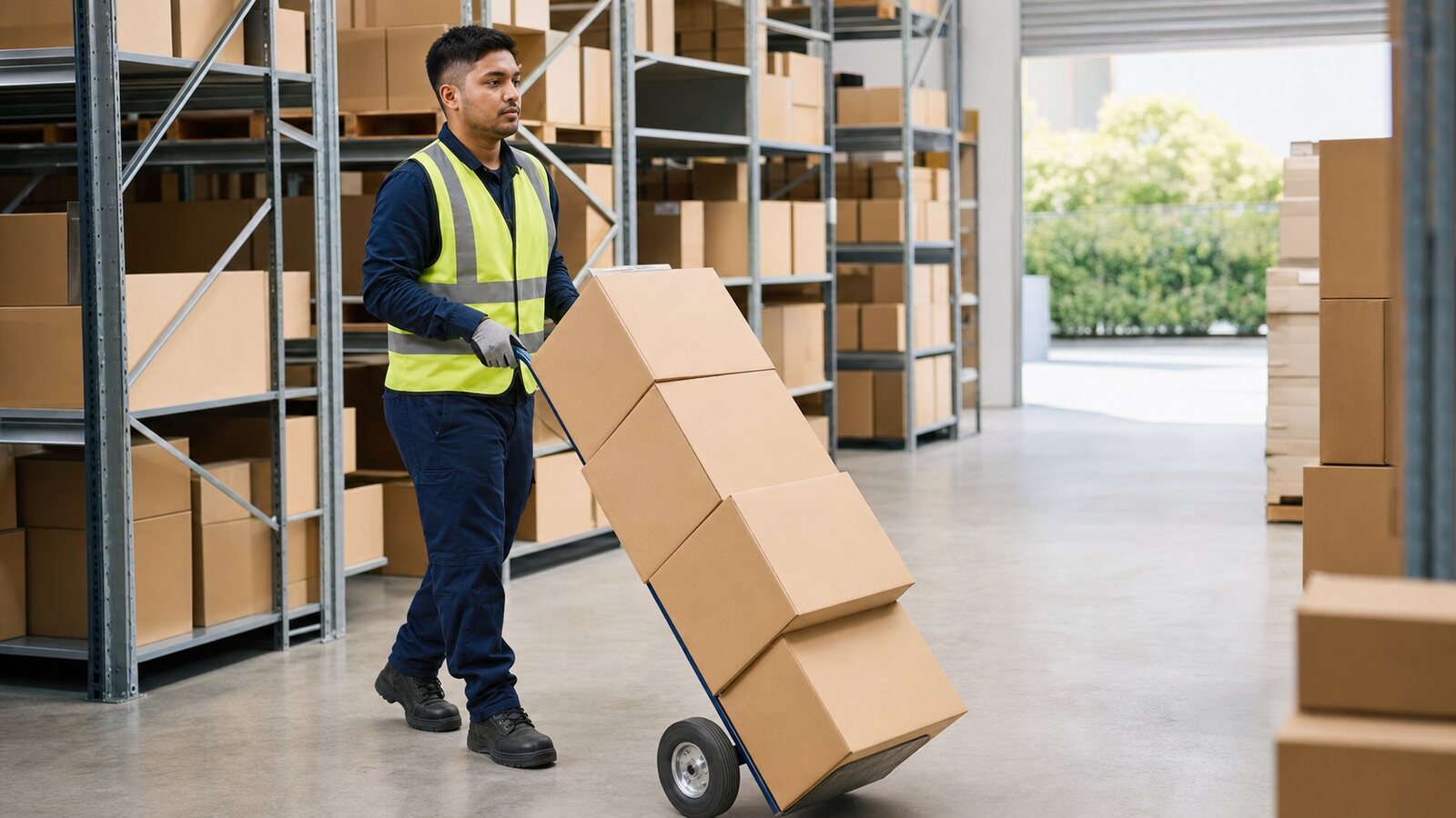 Worker using a two-wheel hand trolley to move stacked boxes across a New Zealand warehouse floor with a clear view ahead
