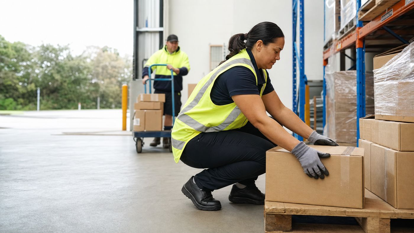 A warehouse worker lifting a carton with a straight back and bent knees in a New Zealand warehouse