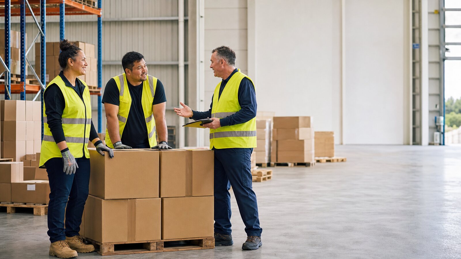 Three New Zealand warehouse workers in hi-vis talking over stacked cartons, one holding a clipboard