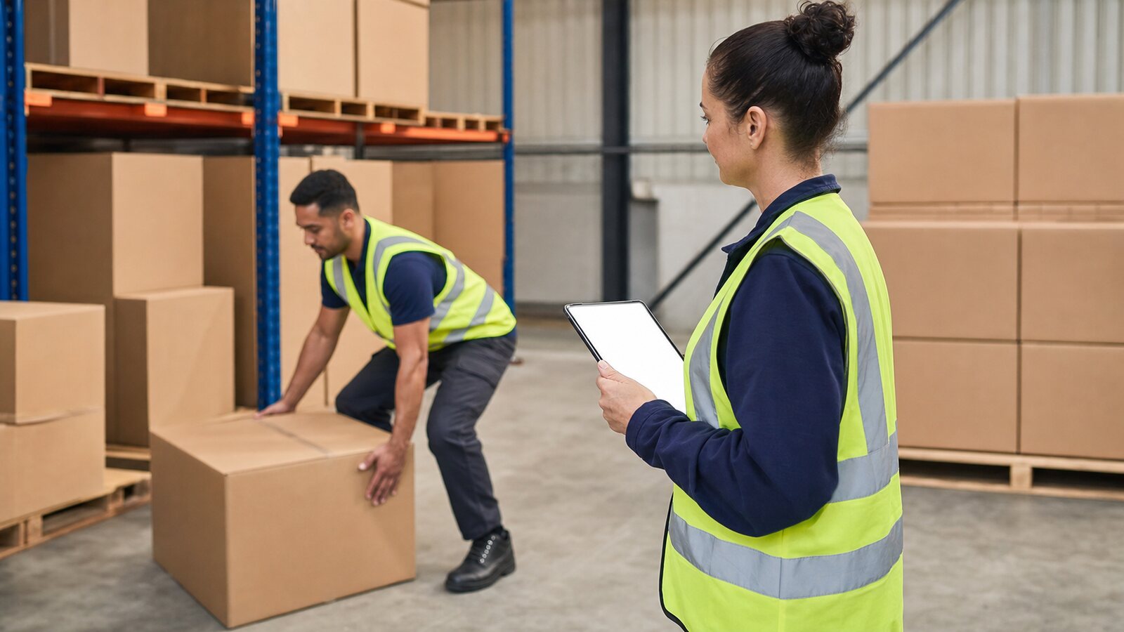 Supervisor with a tablet observing a worker perform a lift during an on-the-job manual handling sign-off in a New Zealand workplace