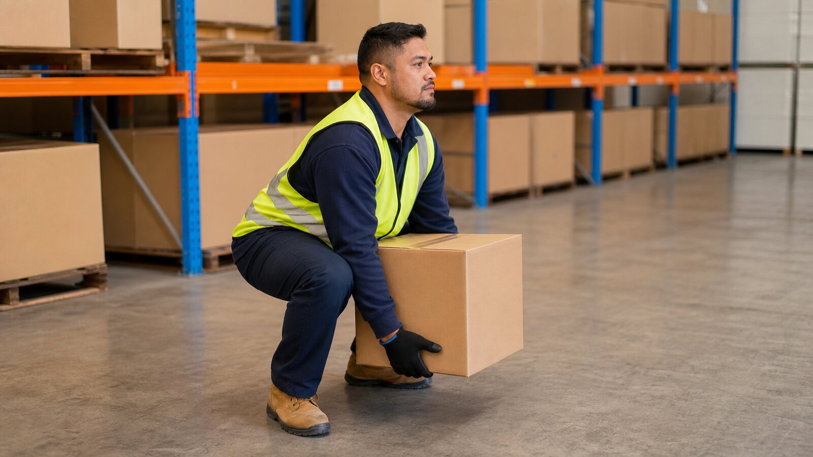 Close view of a worker lifting a box with correct technique: bent knees, straight back and the load held close, the standard a leader coaches to