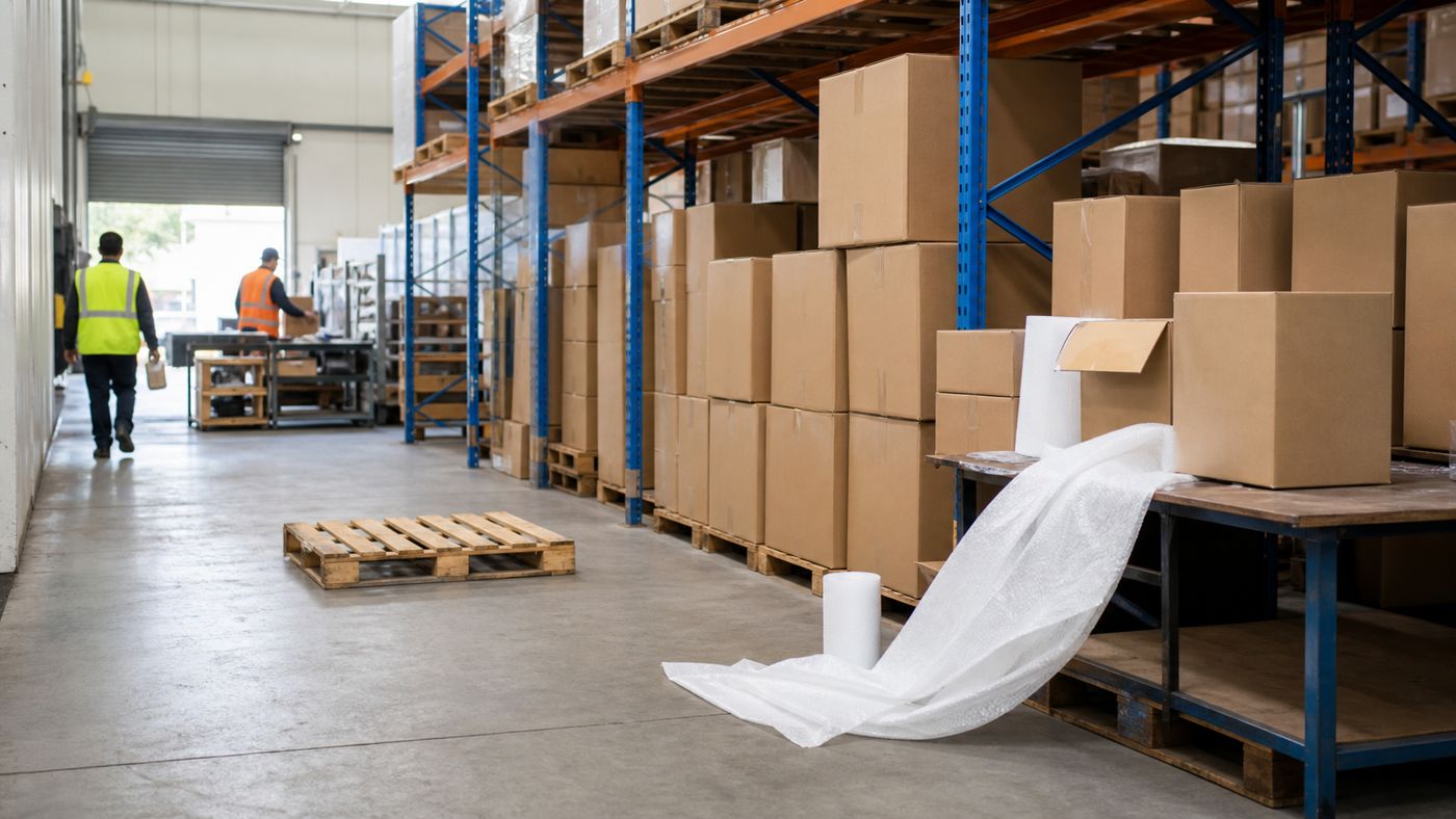 Warehouse aisle with loose plastic wrap and a paper roll left on the floor between pallets
