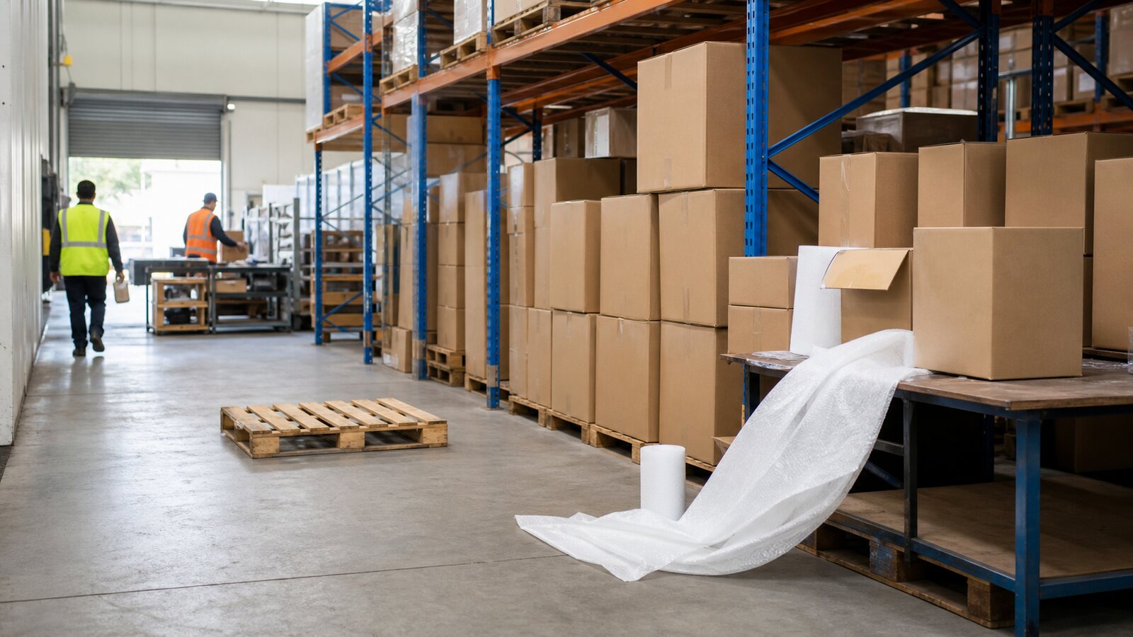 New Zealand warehouse scene with several manual handling hazards for a leader to assess: a cluttered walkway, a high-shelf reach and a pallet on the floor