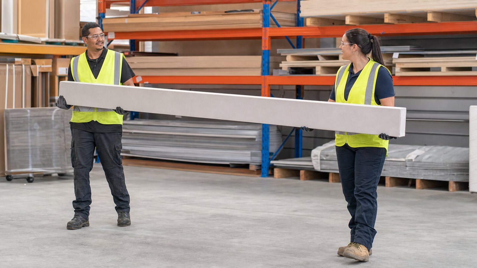 Two New Zealand workers in hi-vis carrying a long awkward load together with good posture, communicating as they move