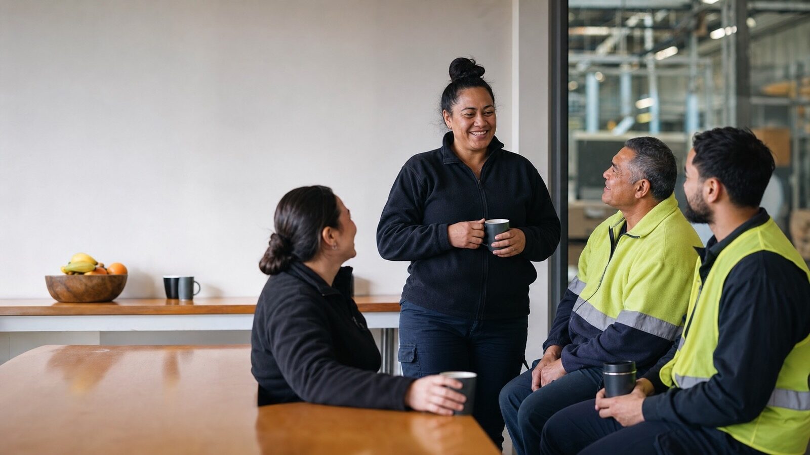 A small diverse team of New Zealand workers talking together on a break