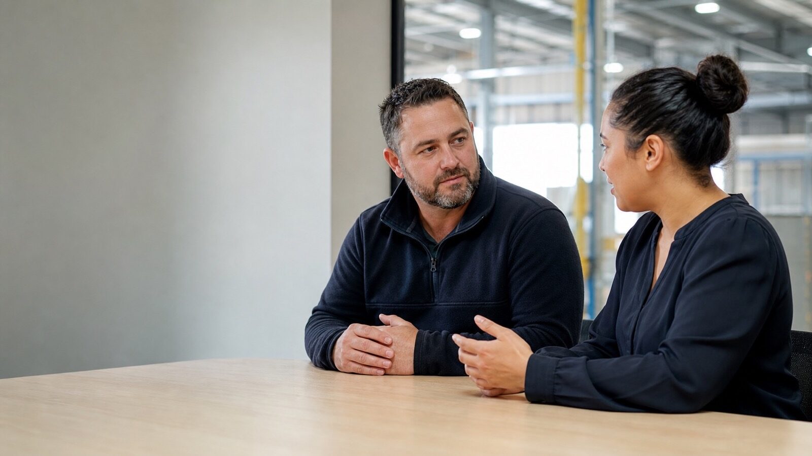 Two New Zealand coworkers having a calm, direct conversation and working something out together