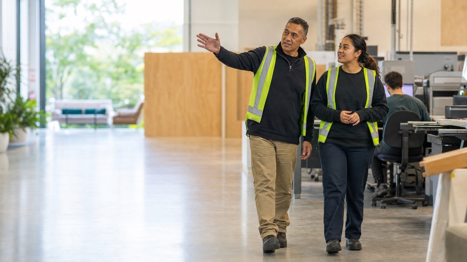 A new employee being shown around a New Zealand workplace on their first day, an experienced colleague pointing something out